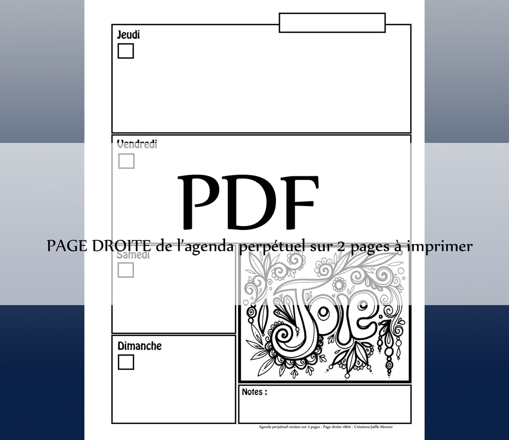 Page DROITE #8011 - Agenda perpétuel sur 2 pages - Téléchargement instantané - PDF à imprimer, JOIE