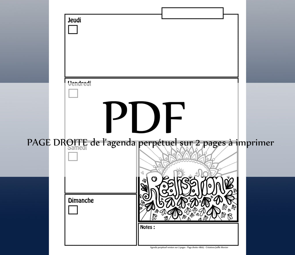 Page DROITE #8015 - Agenda perpétuel sur 2 pages - Téléchargement instantané - PDF à imprimer, RÉALISATION