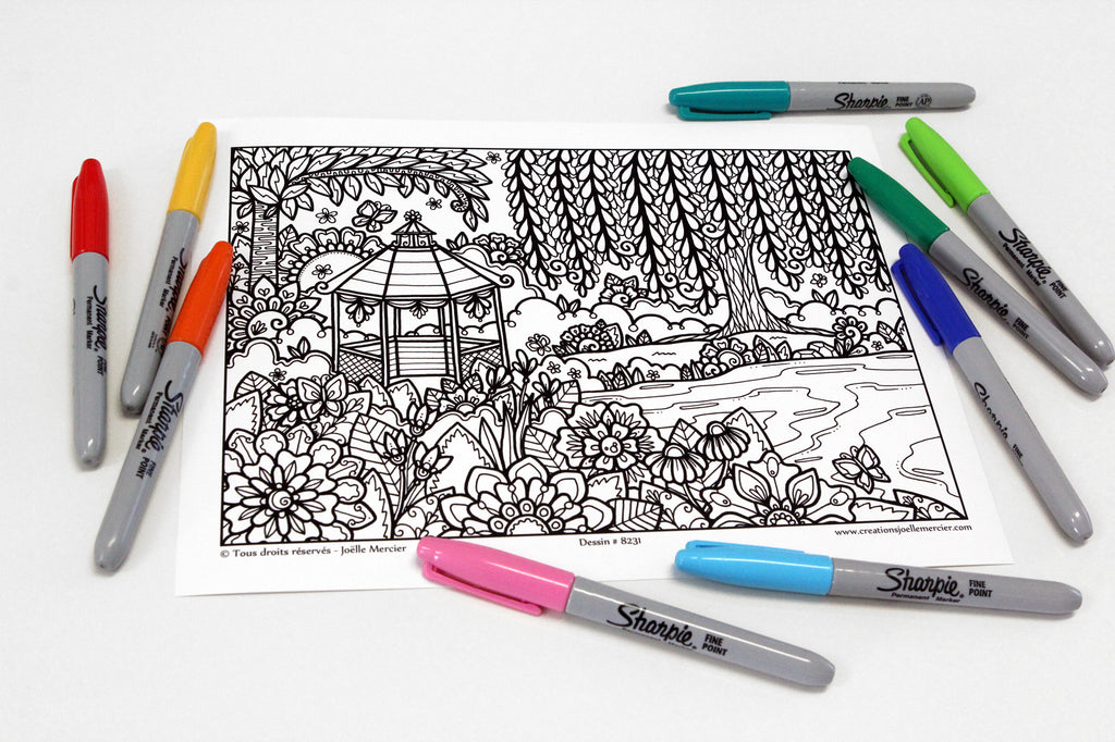 Dessin #8231 Mandala à colorier imprimé sur carton, HAVRE DE PAIX, saule pleureur, gazebo, jardin de fleurs