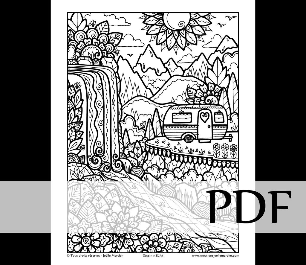 Téléchargement instantané - PDF à imprimer et colorier - CAMPING À LA CASCADE #8235, roulotte