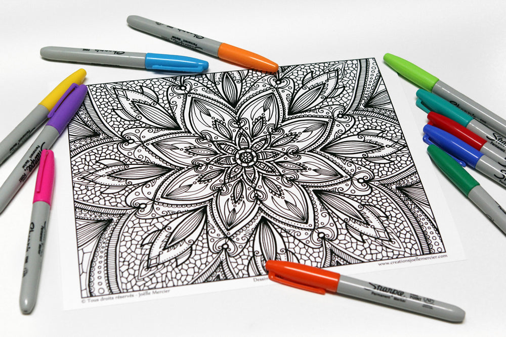 Dessin #8415 Mandala à colorier imprimé sur carton, FLEUR