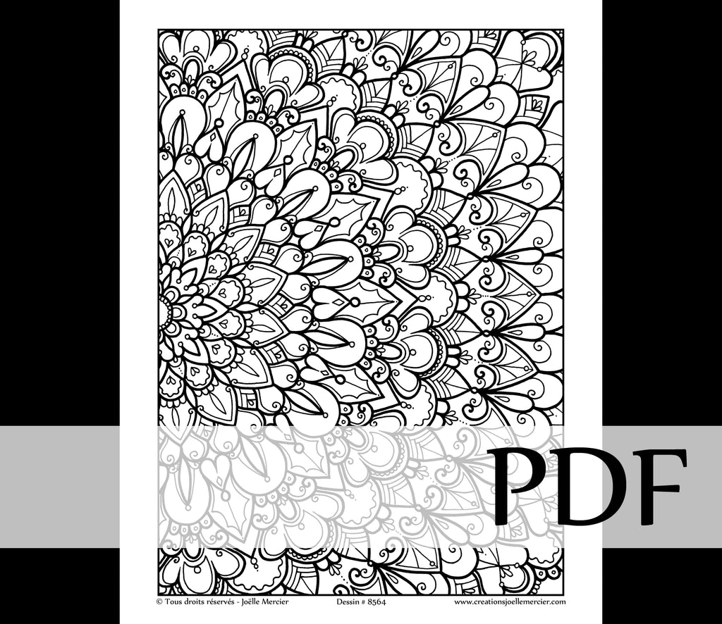 Téléchargement instantané - PDF à imprimer et colorier - DEMI-MANDALA FLEUR #8564
