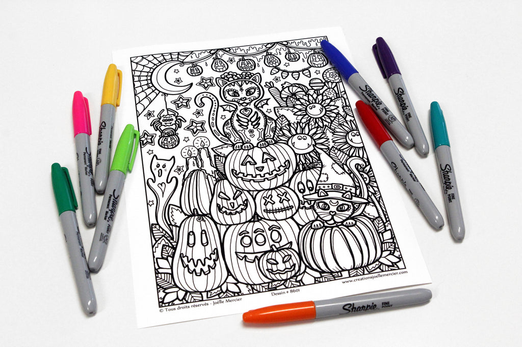 Dessin #8601 Mandala à colorier imprimé sur carton, CHATS ET CITROUILLES, Halloween