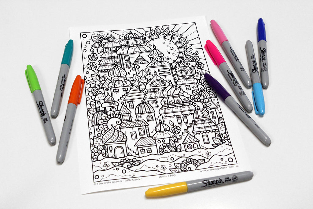 Pochette #38 - 10 dessins - Coloriage de relaxation - ville, dauphin, bateau, paysage, espace