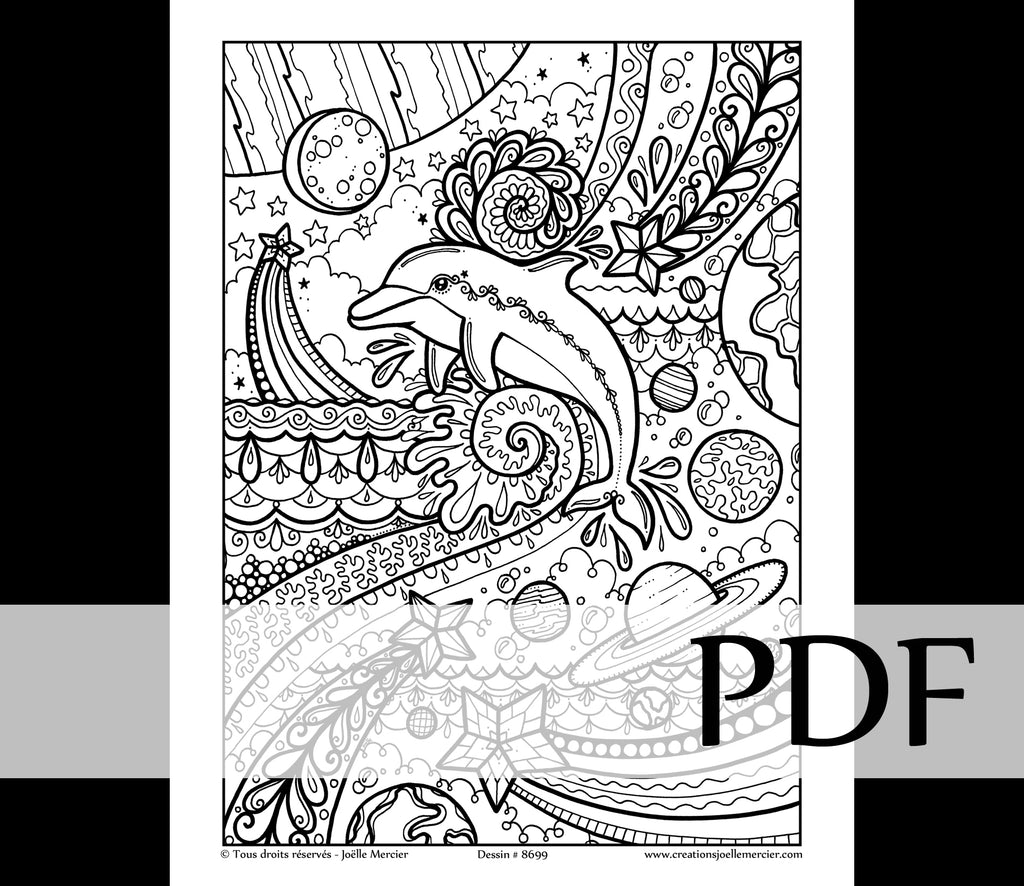 Téléchargement instantané - PDF à imprimer et colorier - DAUPHIN NOCTURNE, espace #8699