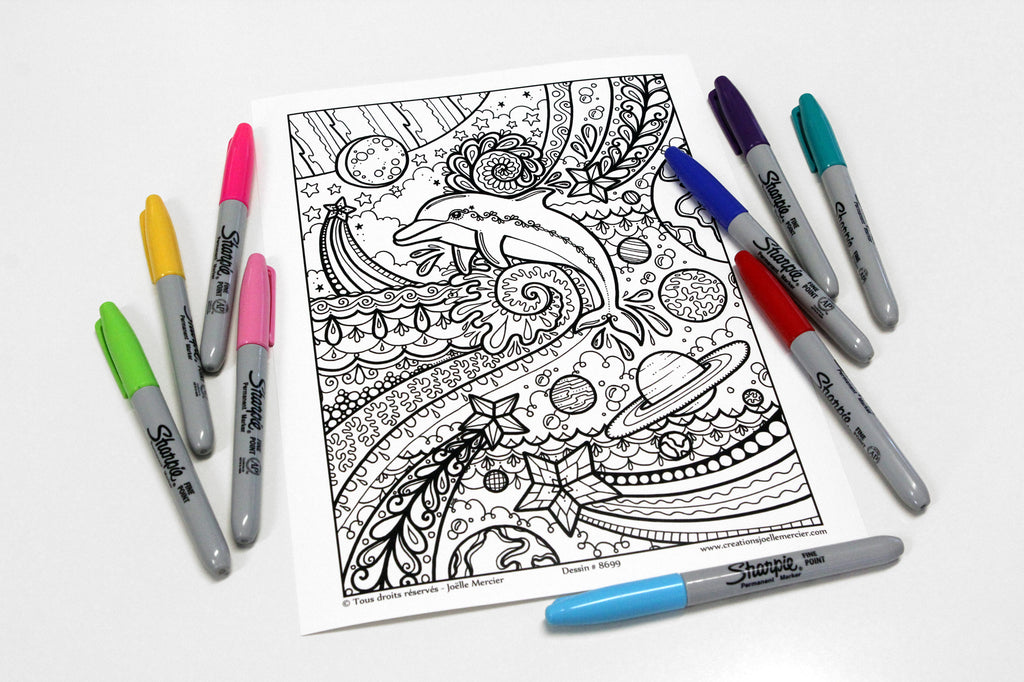 Dessin #8699 Mandala à colorier imprimé sur carton, DAUPHIN NOCTURNE, espace