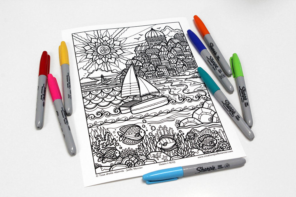 Dessin #8703 Mandala à colorier imprimé sur carton, CATAMARAN, bord de mer, bateau