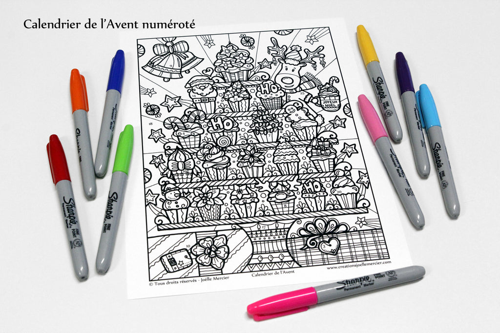 Dessin #8712 Mandala à colorier imprimé sur carton, CUPCAKES DE NOËL, AVEC ou SANS numéros
