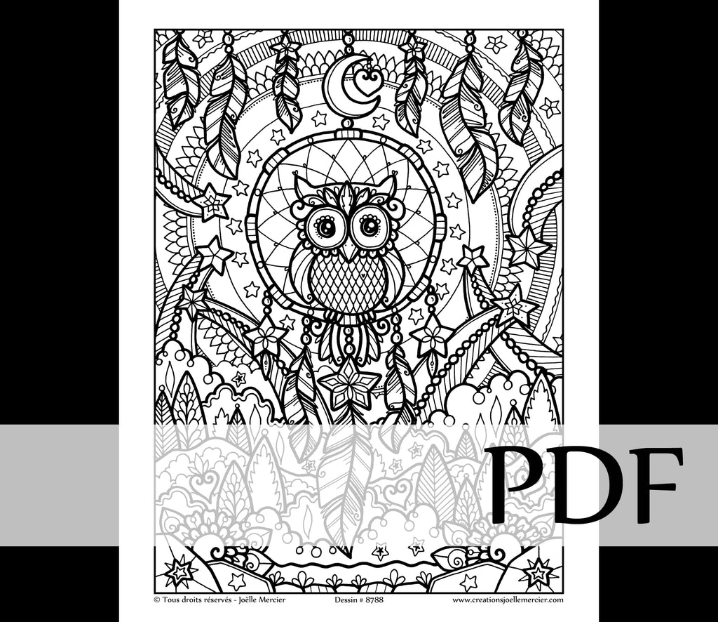 Téléchargement instantané - PDF à imprimer et colorier - LE MAÎTRE DES RÊVES, hibou, capteur de rêves, #8788