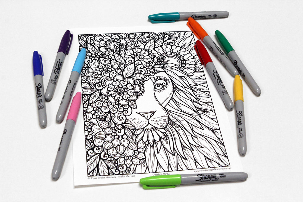 Dessin #8793 Mandala à colorier imprimé sur carton - LION FLEURI