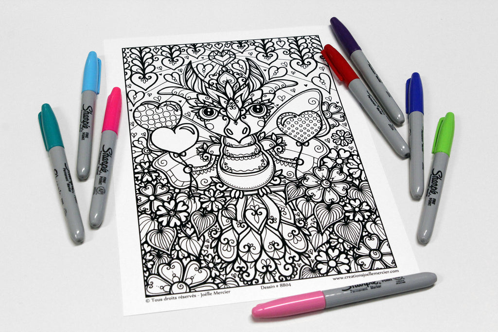 Dessin #8804 Mandala à colorier imprimé sur carton - VALENTIN, coeurs, créature imaginaire