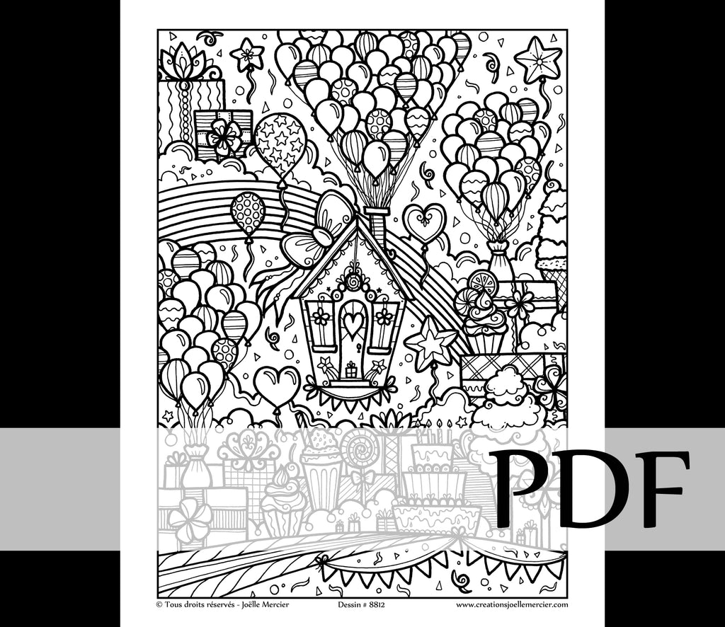 Téléchargement instantané - PDF à imprimer et colorier - LA MAISON ANNIVERSAIRE, bouquet de ballons #8812