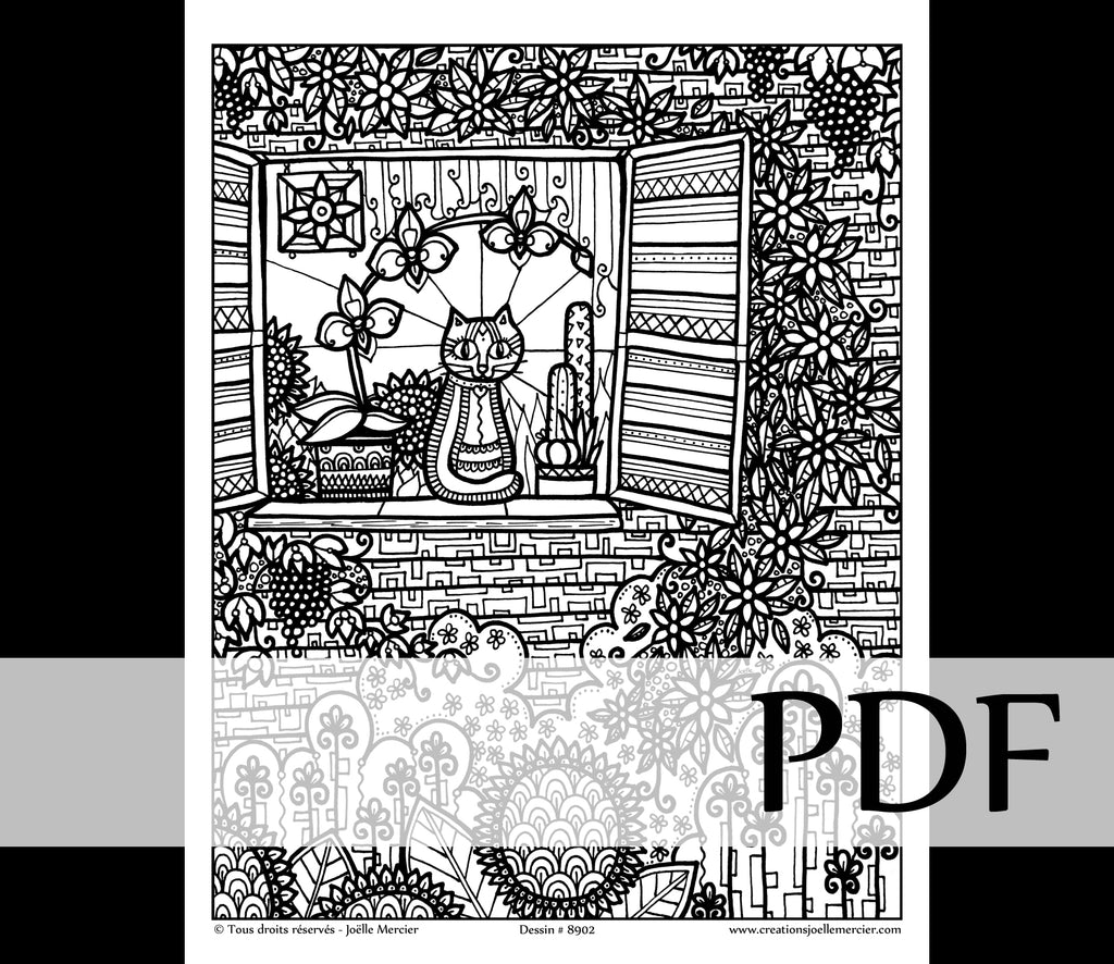 Téléchargement instantané - PDF à imprimer et colorier - Chat à la fenêtre #8902