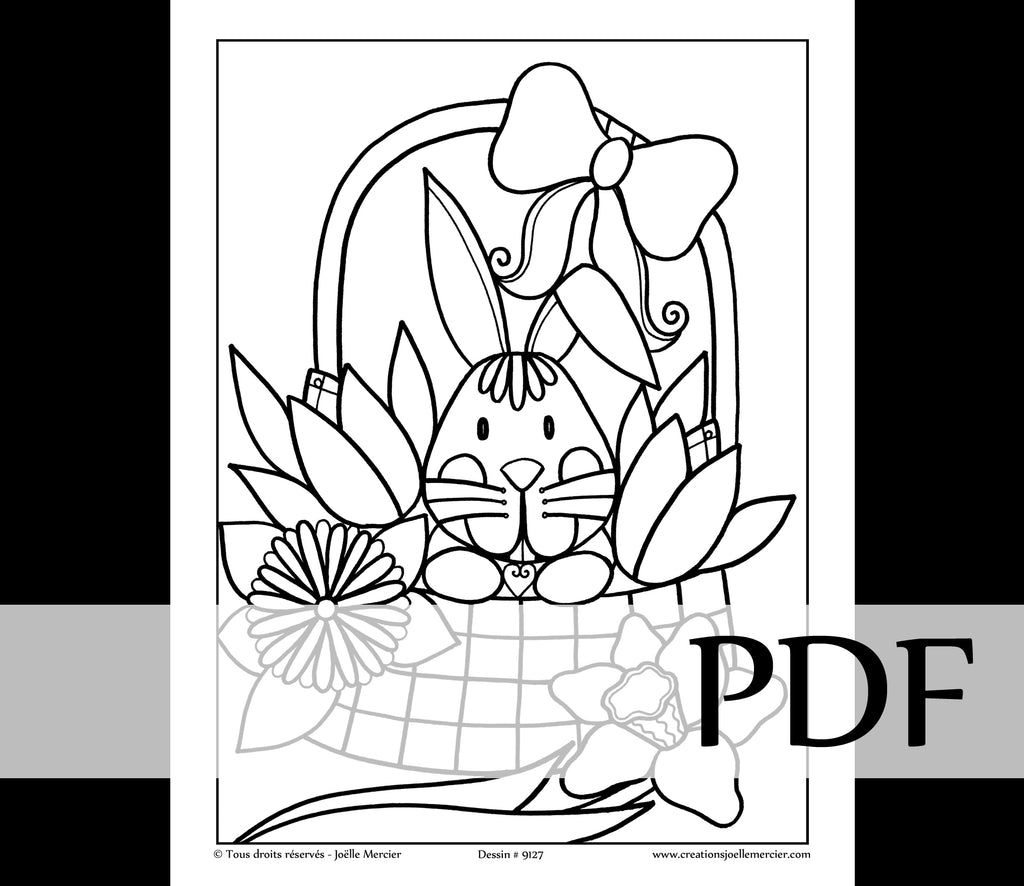 Téléchargement instantané - PDF à imprimer et colorier - Dessin pour enfant - #9127 LAPIN dans un panier de Pâques