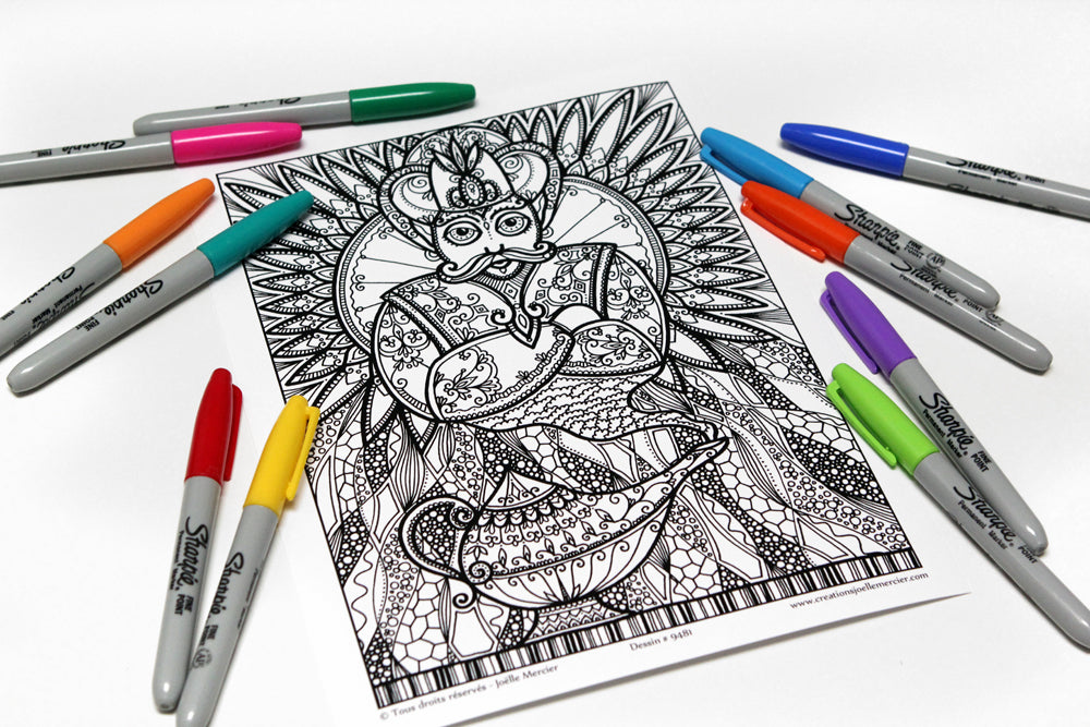 Dessin #9481 Mandala à colorier imprimé sur carton, le GÉNIE et sa LAMPE MAGIQUE