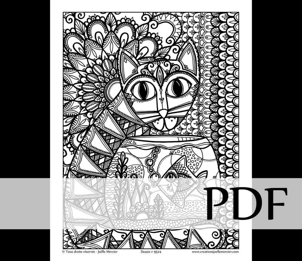 Téléchargement instantané - PDF à imprimer et colorier - Chat et poisson #9524