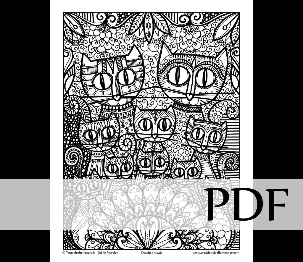 Téléchargement instantané - PDF à imprimer et colorier - Famille de chats #9526