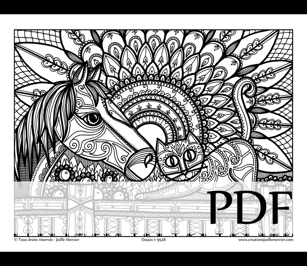 Téléchargement instantané - PDF à imprimer et colorier - Chat et cheval #9528