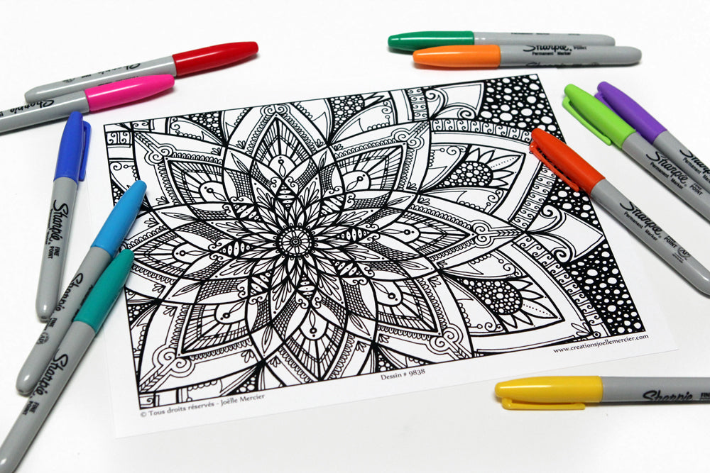 Dessin #9838 Mandala à colorier imprimé sur carton, FLEUR