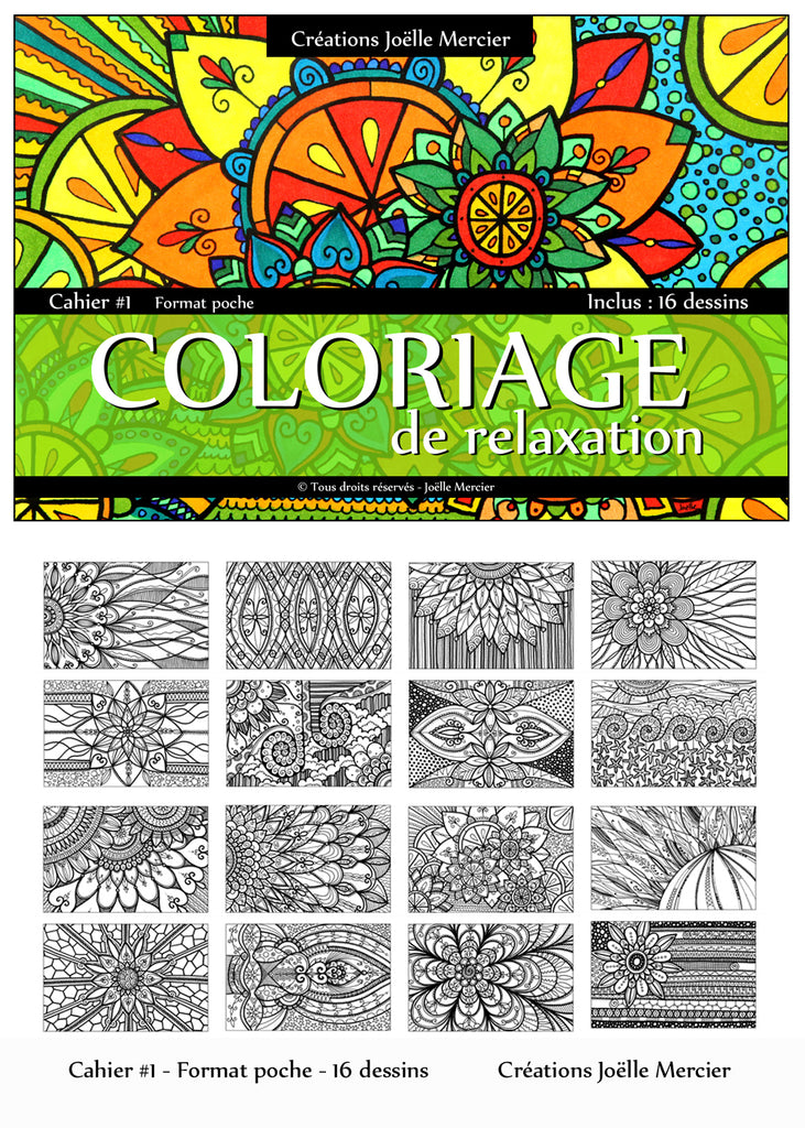 Cahier relié #1 Format poche, Coloriage de relaxation, 16 dessins imprimés sur carton