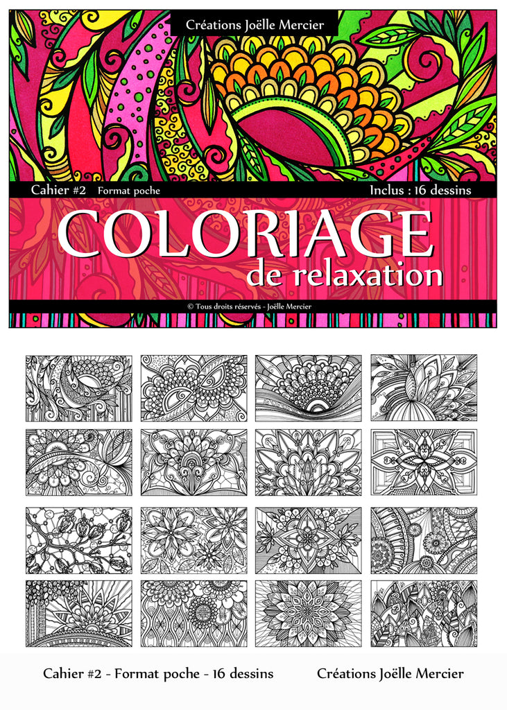 Cahier relié #2 Format poche, Coloriage de relaxation, 16 dessins imprimés sur carton