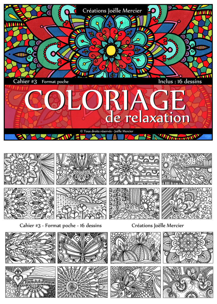 Cahier relié #3 Format poche, Coloriage de relaxation, 16 dessins imprimés sur carton