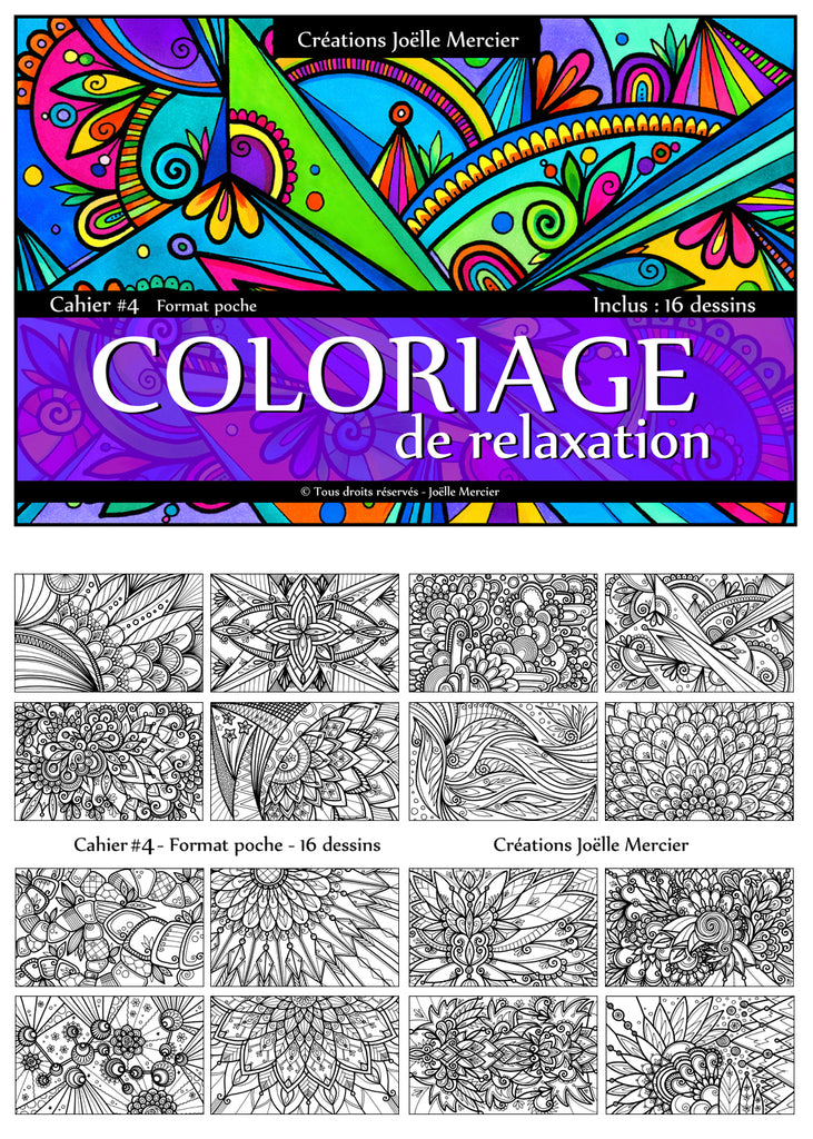 Cahier relié #4 Format poche, Coloriage de relaxation, 16 dessins imprimés sur carton