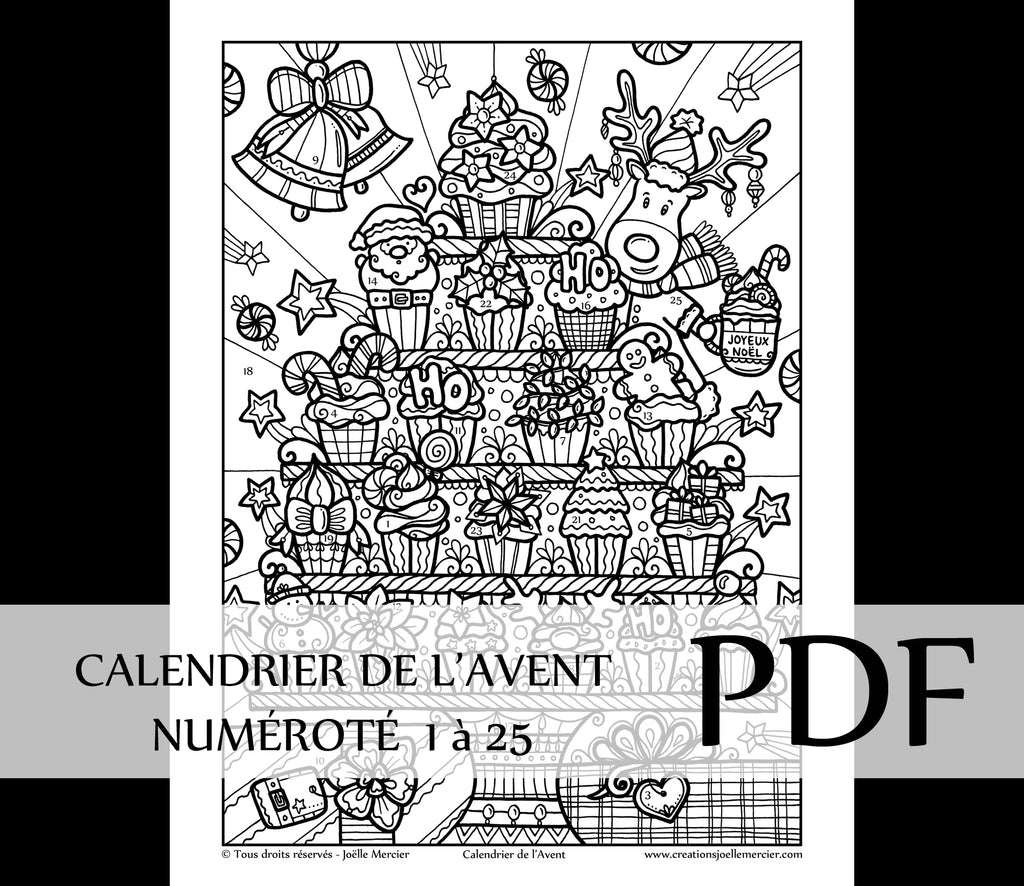 Téléchargement instantané - PDF à imprimer et colorier - CALENDRIER DE L'AVENT - CUPCAKES de Noël - NUMÉROTÉ