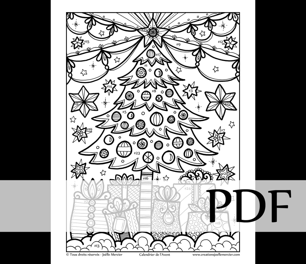 Téléchargement instantané - PDF à imprimer et colorier - CALENDRIER DE L'AVENT - Sapin de Noël