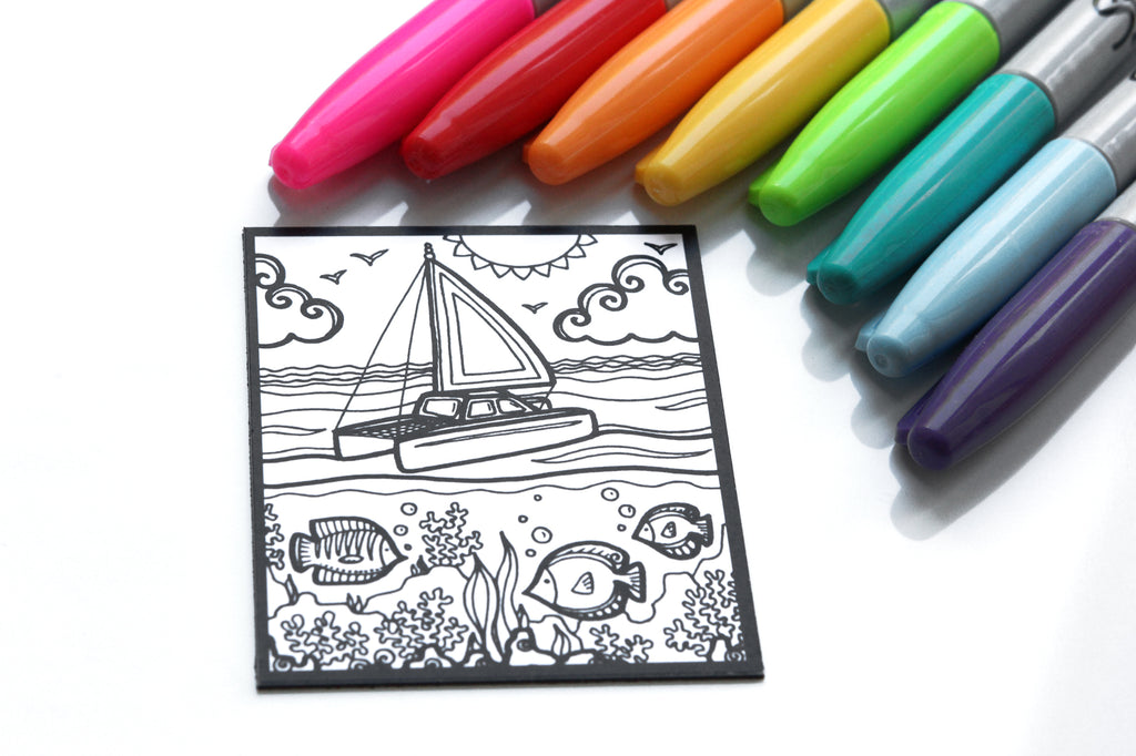 Aimant à colorier, CATAMARAN, bateau, poissons
