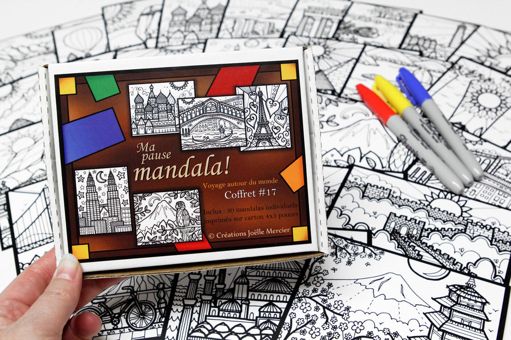 Coffret #17, Ma pause Mandala, VOYAGE autour du MONDE, inclus 30 dessins de petit format à colorier au quotidien