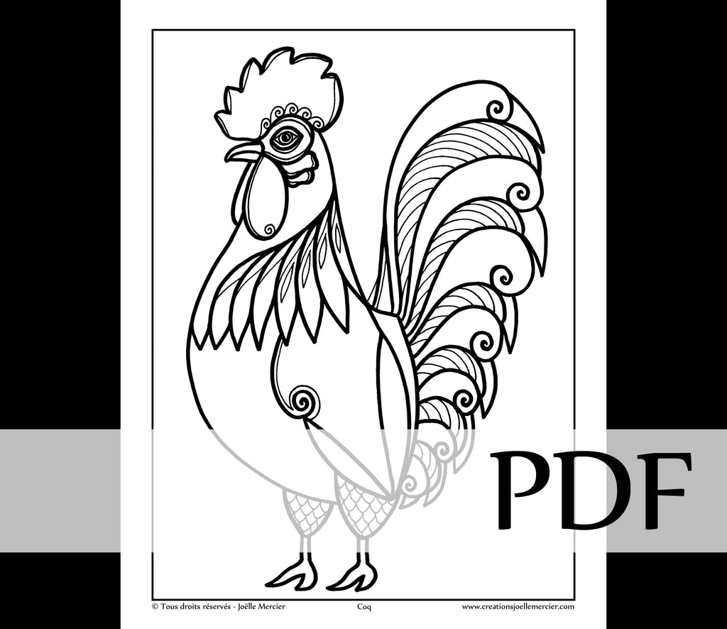 Téléchargement instantané - PDF à imprimer et colorier - Dessin pour enfant - COQ