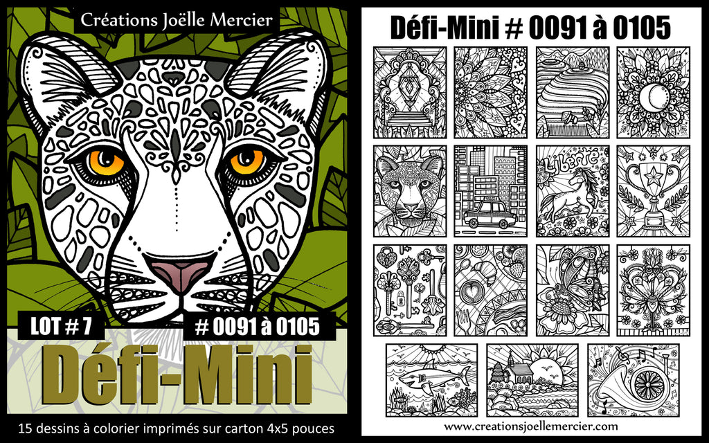 Sachet DÉFI-MINI, LOT #7, 15 dessins imprimés sur carton, format 4x5 pouces, Minis #0091 à 0105
