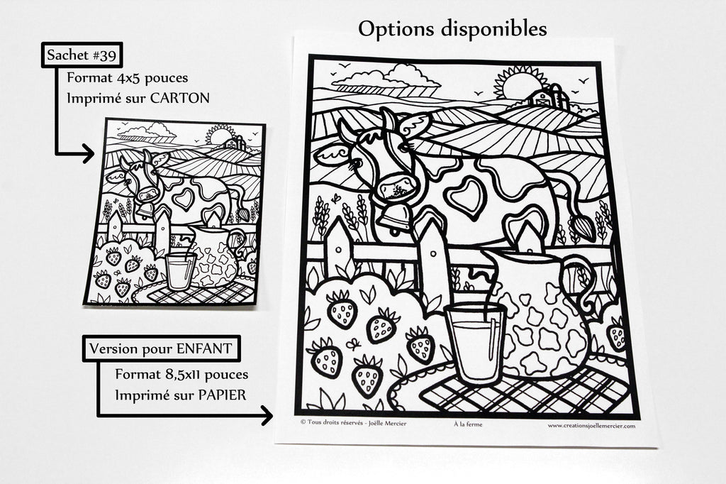 Sachet #39 À la ferme, inclus 15 dessins à colorier, imprimés sur carton, format 4x5 pouces