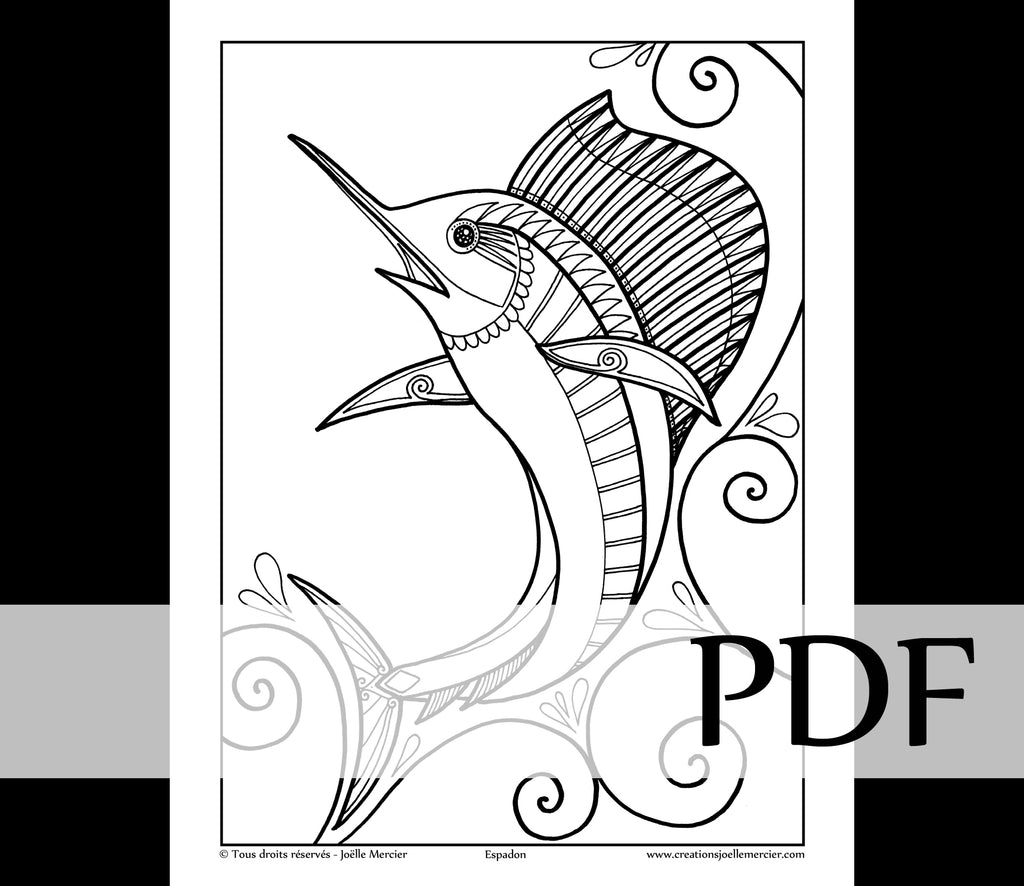 Téléchargement instantané - PDF à imprimer et colorier - Dessin pour enfant - ESPADON, poisson