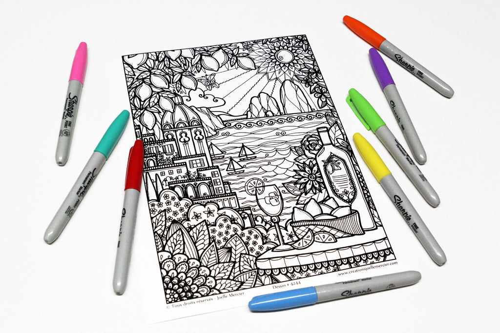 Pochette #20 - 10 dessins - Coloriage de relaxation - Cactus, limonade, Capri, Tango, nain de jardin, fleurs, grenouille, château de sable