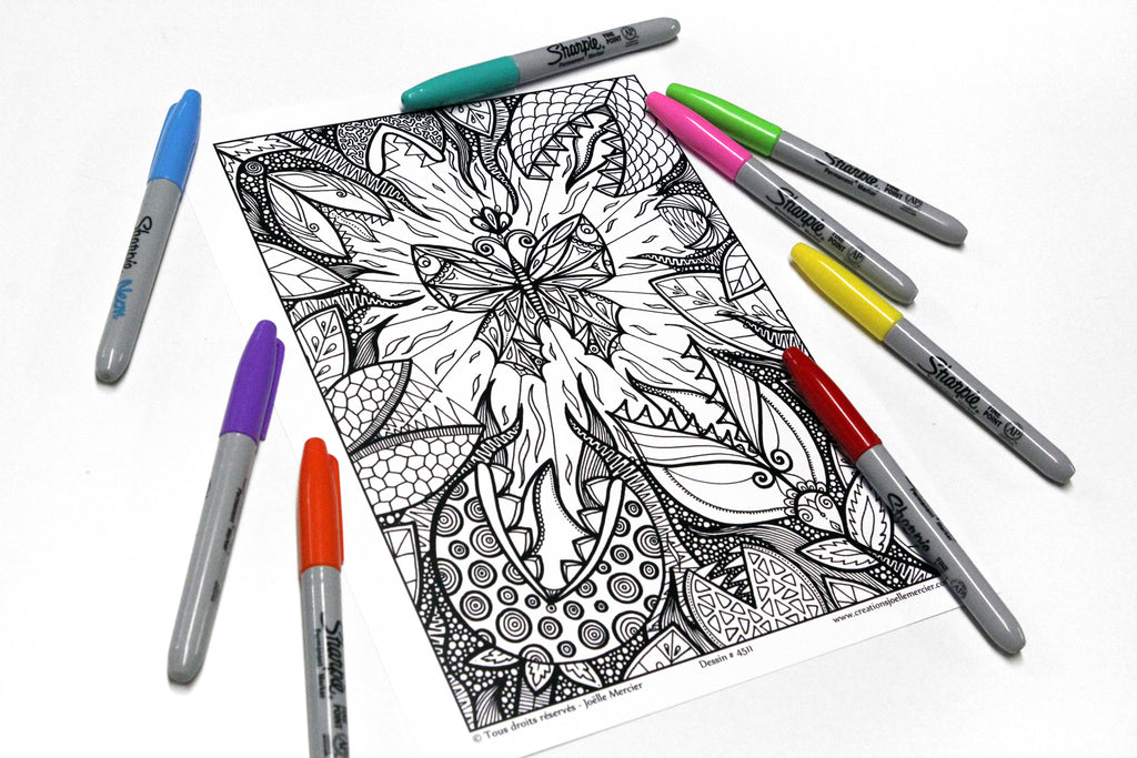 Dessin #4511 Mandala à colorier imprimé sur carton, papillon, PLANTES CARNIVORES