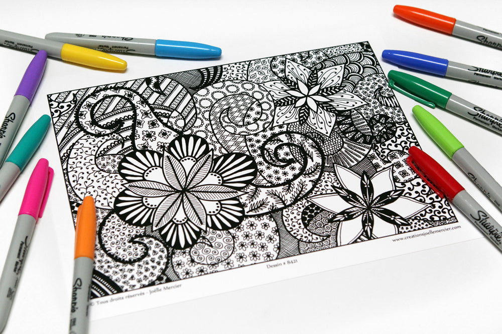 Pochette #3 - 10 dessins - Coloriage de relaxation, fleurs, mandala, oiseau, paon, symétrie