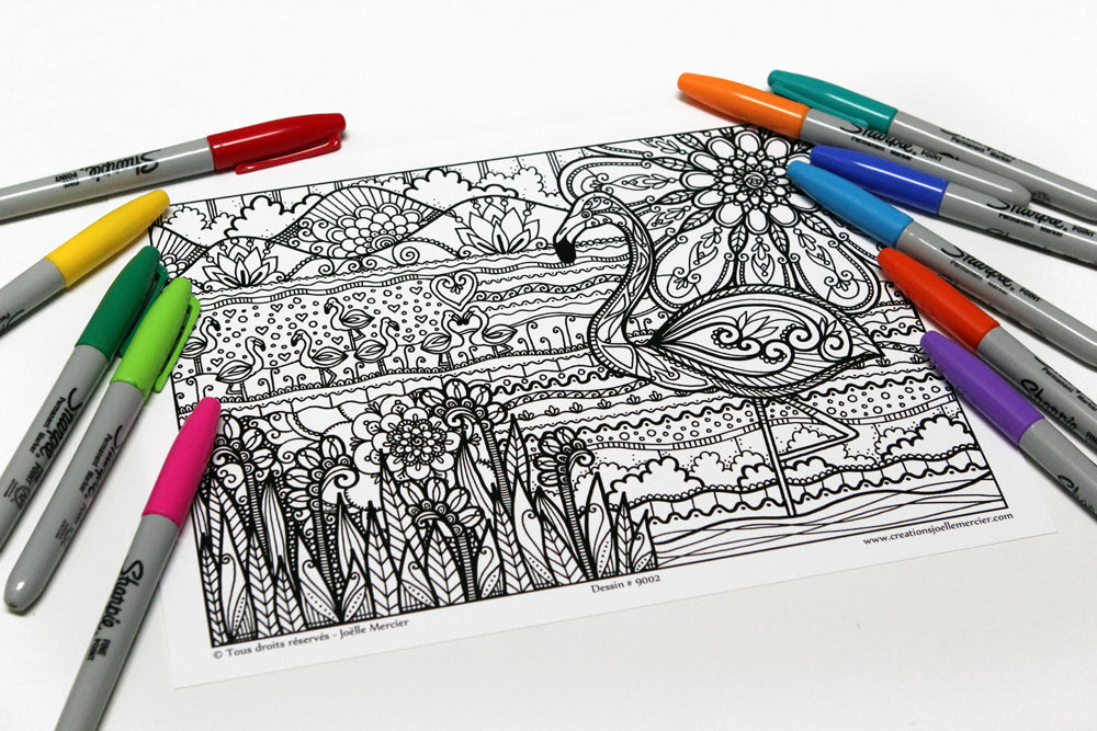 Pochette #6 - 10 dessins - Coloriage de relaxation - hibou, bateau, panda, dragon, caméléon, flamant rose, méduse, Toscane, fleurs