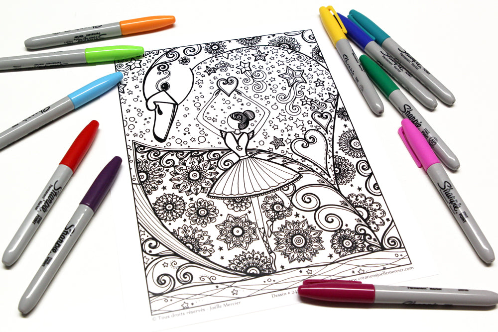 Pochette #13 - 10 dessins - Coloriage de relaxation - pégase, plumes, bonbons, ballerine, moulins, dragon oriental, mandala, fleurs, lune