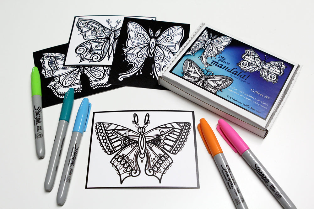 Coffret #7, Ma pause mandala, spécial papillons, inclus 30 dessins de petit format à colorier au quotidien