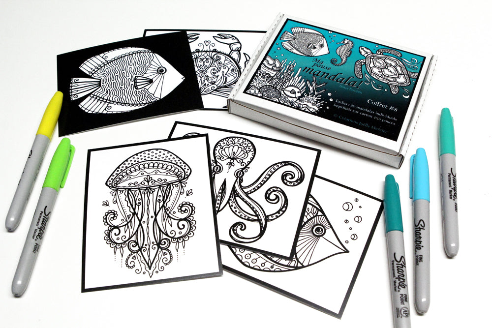Coffret #8, Ma pause mandala, spécial sous l'océan, inclus 30 dessins de petit format à colorier au quotidien