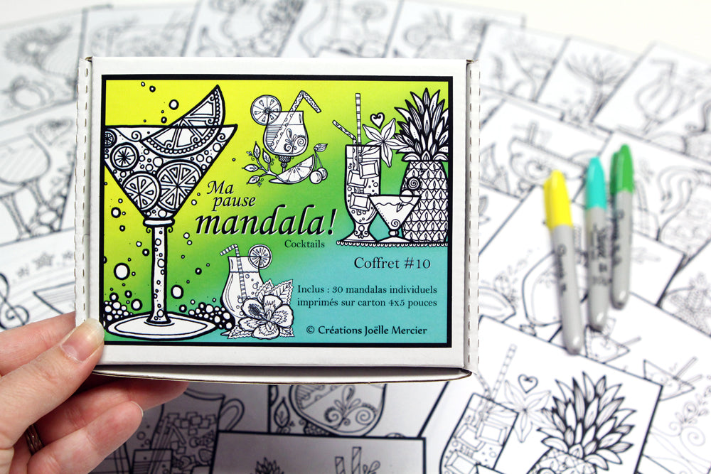 Coffret #10, Ma pause mandala, spécial Cocktails, inclus 30 dessins de petit format à colorier au quotidien