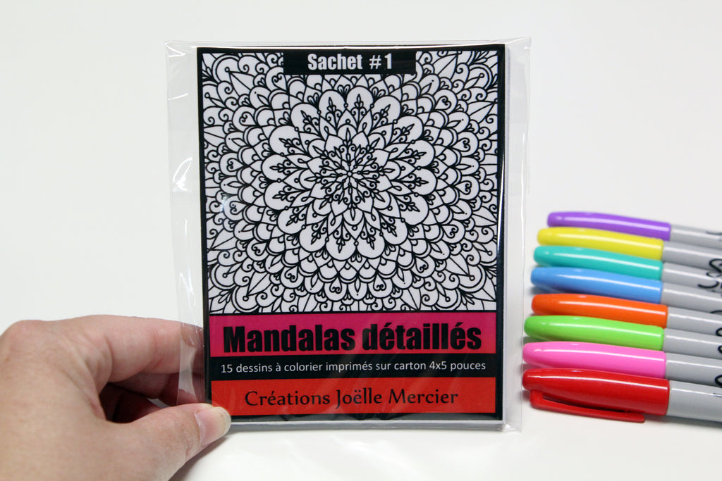 Sachet #1 Mandalas détaillés, inclus 15 dessins à colorier, imprimés sur carton, format 4x5 pouces