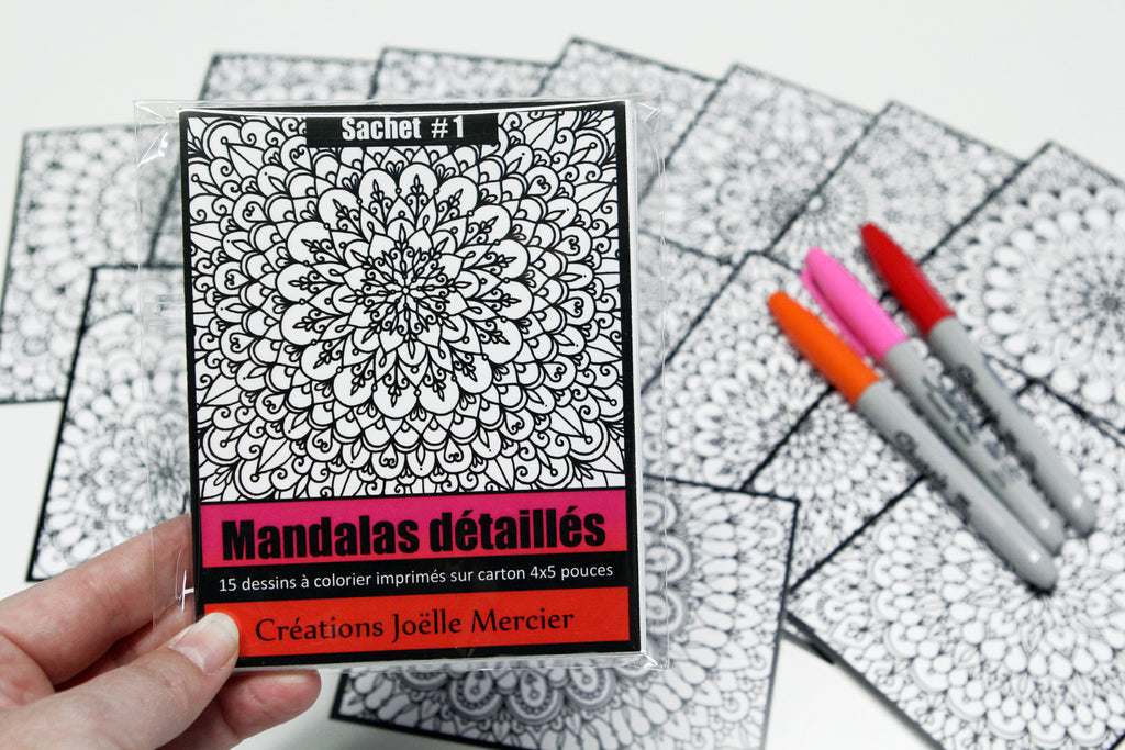 Sachet #1 Mandalas détaillés, inclus 15 dessins à colorier, imprimés sur carton, format 4x5 pouces
