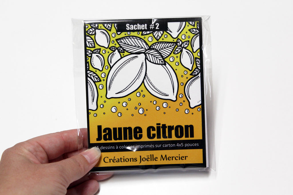 Sachet #2 Jaune citron, inclus 15 dessins à colorier, imprimés sur carton, format 4x5 pouces