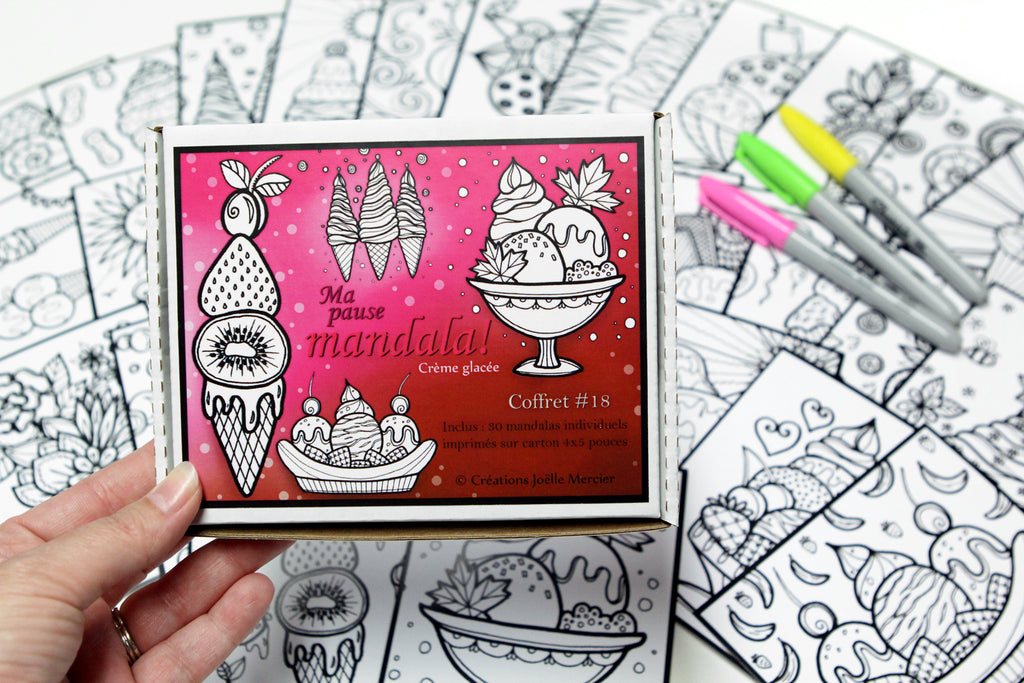 Coffret #18, Ma pause Mandala, CRÈME GLACÉE, inclus 30 dessins de petit format à colorier au quotidien