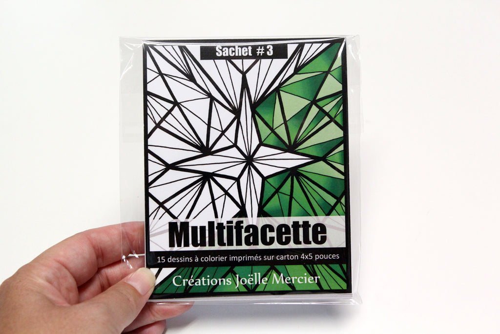 Sachet #3 Multifacette, inclus 15 dessins à colorier, imprimés sur carton, format 4x5 pouces