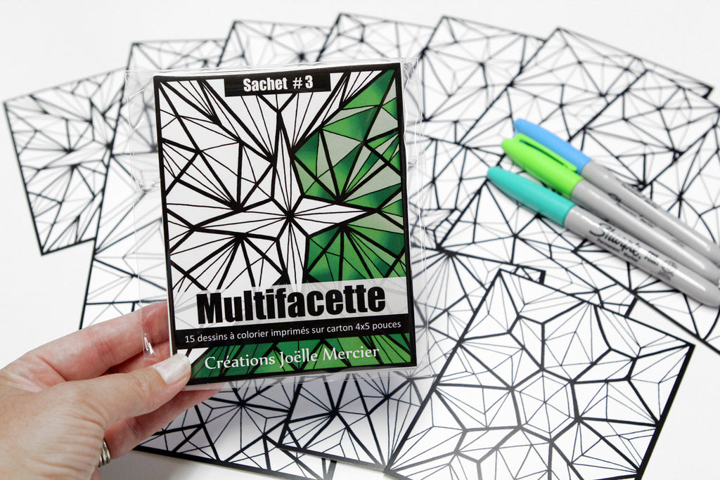 Sachet #3 Multifacette, inclus 15 dessins à colorier, imprimés sur carton, format 4x5 pouces