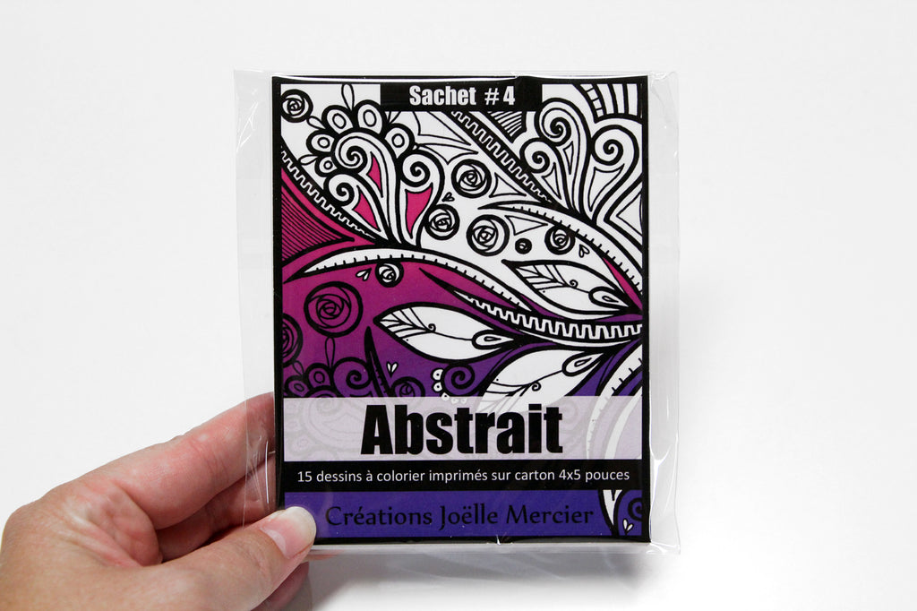 Sachet #4 Abstrait, inclus 15 dessins à colorier, imprimés sur carton, format 4x5 pouces